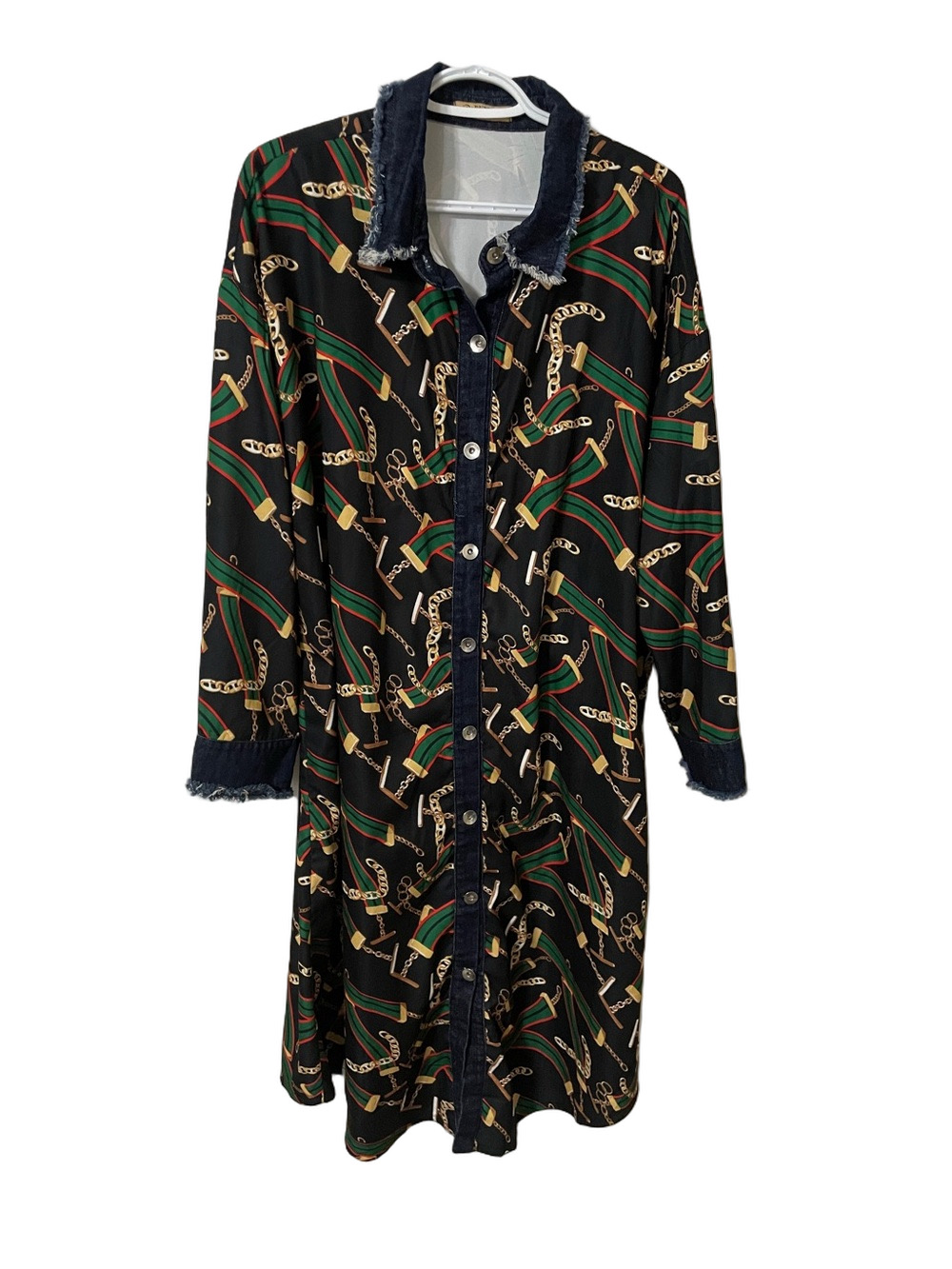 Bubblee Print Dress with Frayed Denim Trim Size XXL